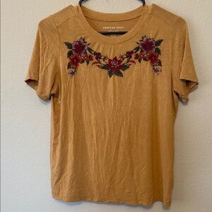 American Eagle Outfitters Mustard Floral Embroidered Tee